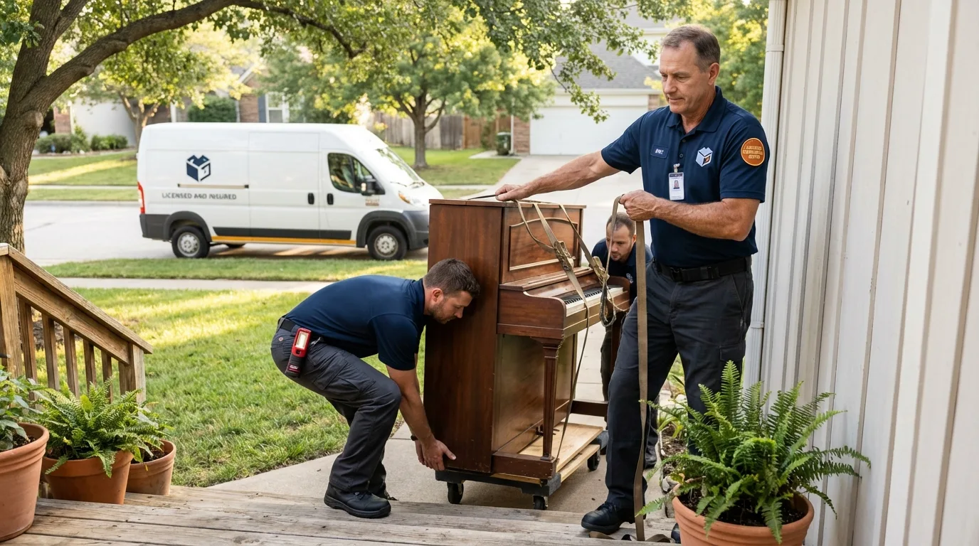 Licensed piano movers securing grand piano in Larimore, ND