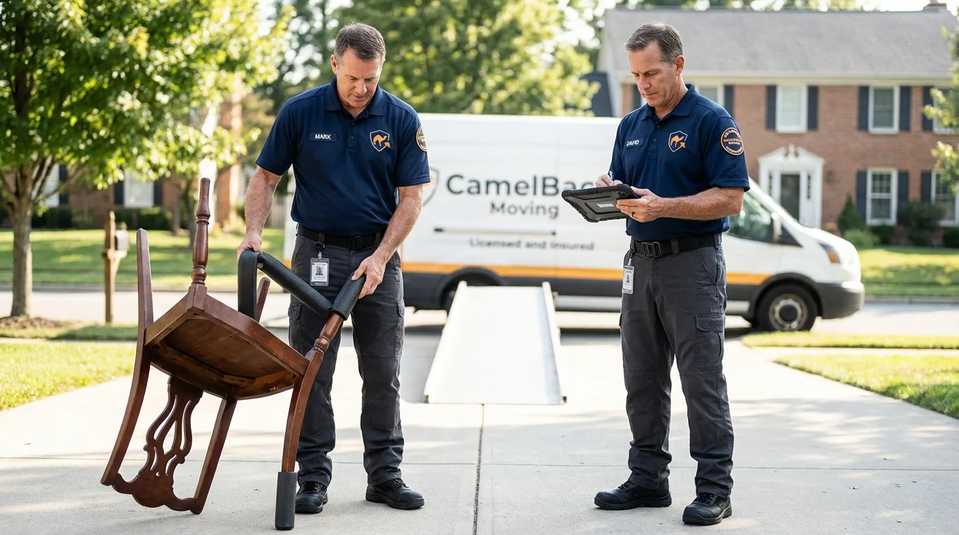 Movers inspecting furniture for damage prevention before loading in Larimore, ND